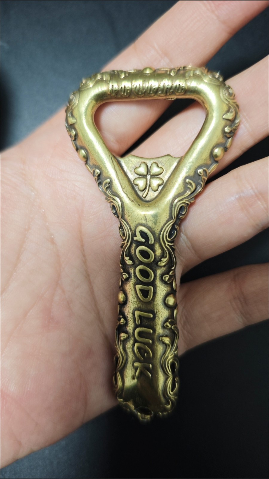 Vintage Brass Beer Bottle Opener Carved Good Luck Copper Opener