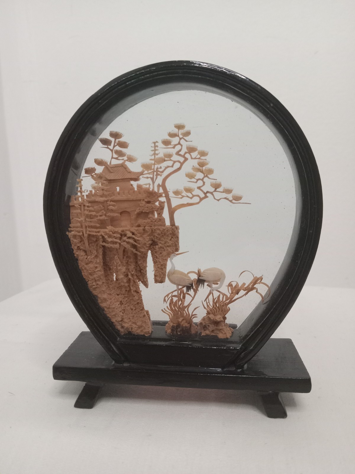 Vintage Hand Carved Cork Asian Diorama Black Lacquer Display 3.25″ Cranes 1960s