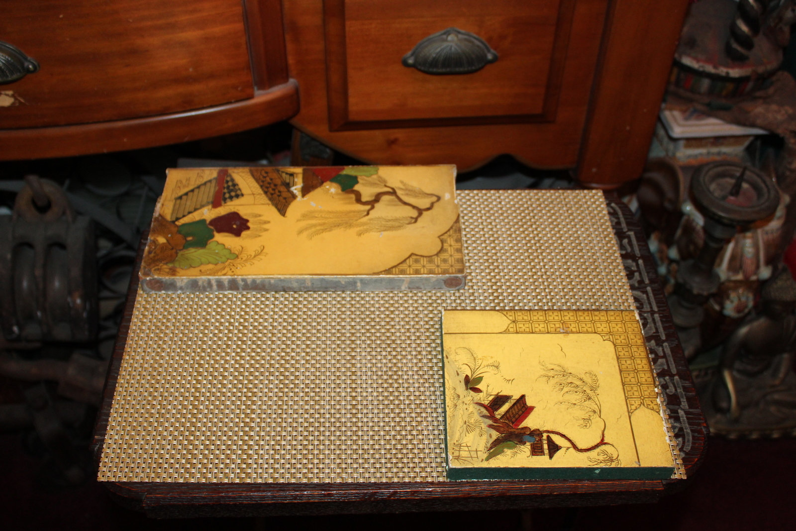 Pair Chinese Wood Painted Furniture Panels Village Trees