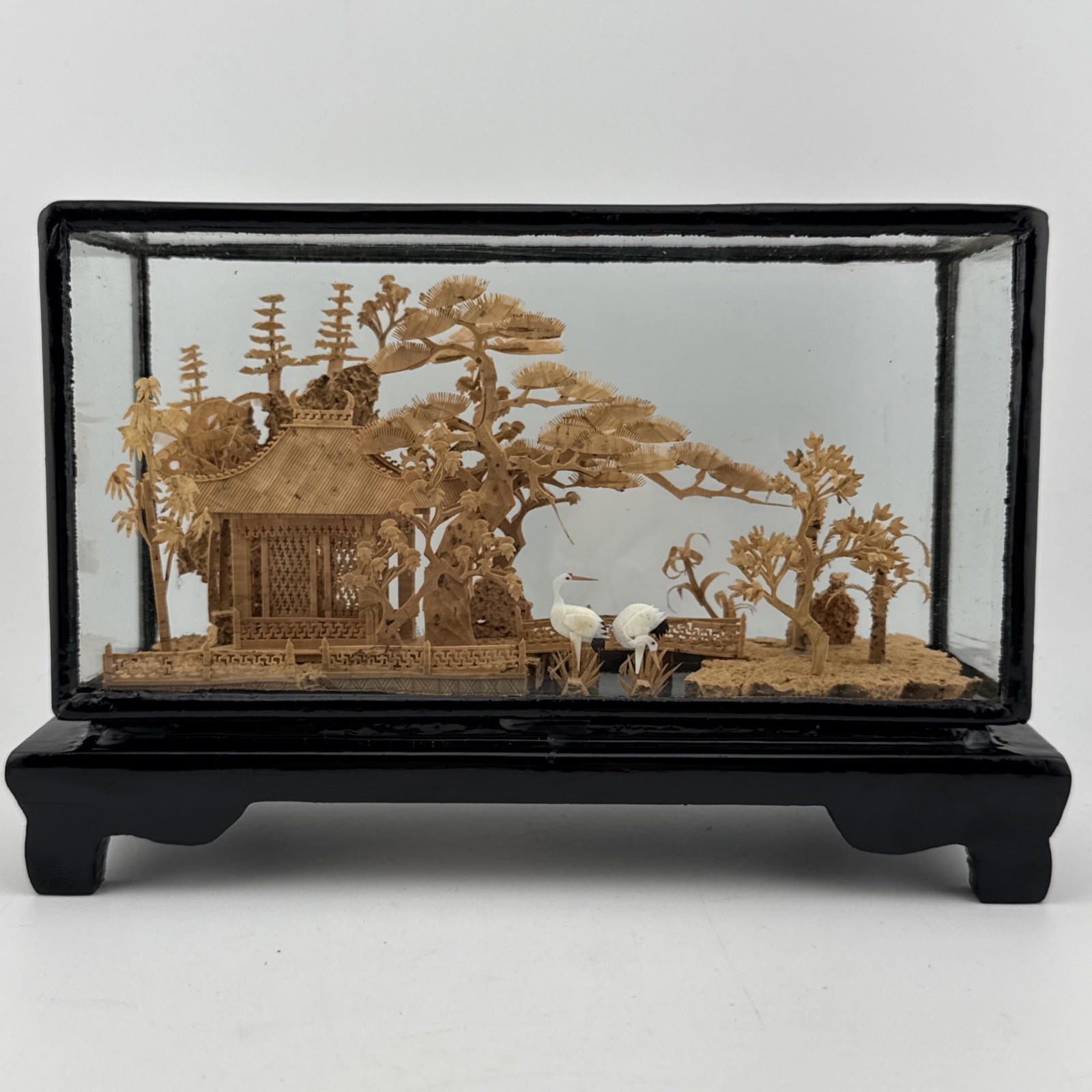 Vintage Chinese Hand Carved Cork Diorama with birds Framed Glass Wood