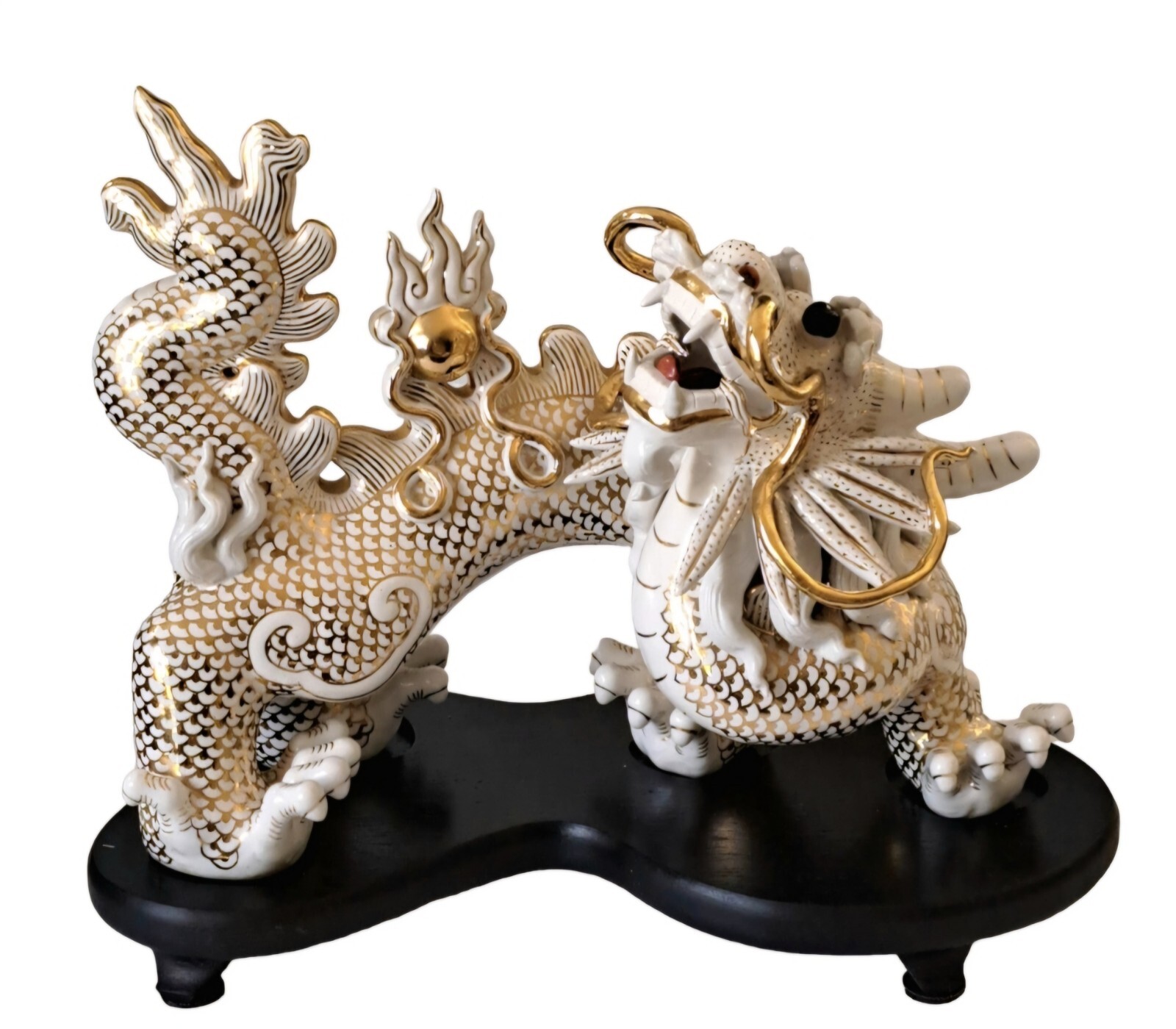 Vintage White/Gold Ceramic Dragon Feng Shui Sculpture 1950s Chinese Zodiac Décor