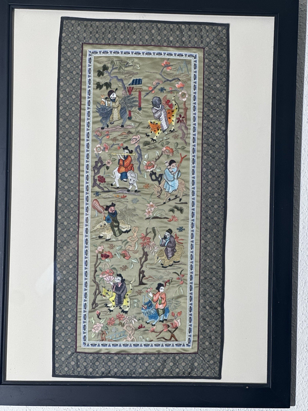 Chinese hand embroidered silk Art Piece Framed. The Actual Piece 27 X 13”