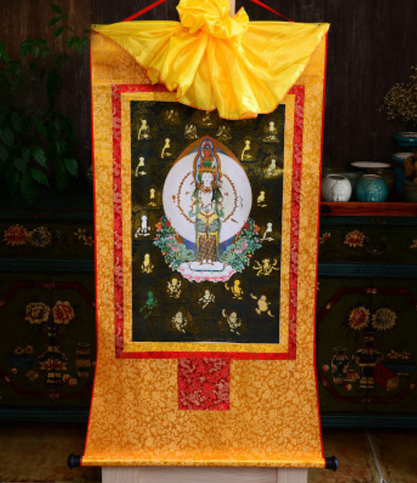 Tibet Tibetan Buddha Print Silk Gild Thangka Thanka 1000Arms Kwan-yin黑卡千手观音 35cm