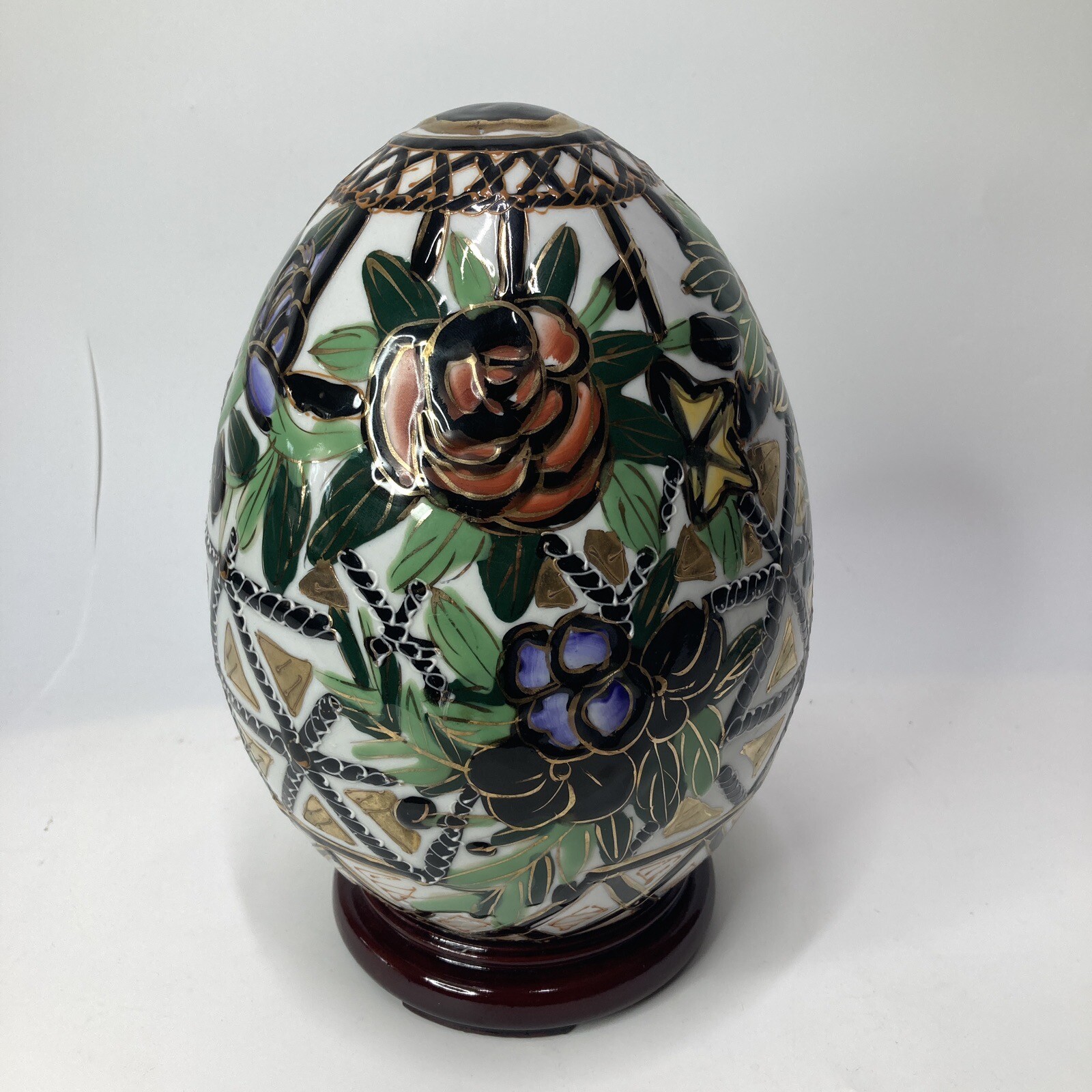 Chinese Porcelain Egg Black Gold Floral 9″ with Stand Decor multicolor Vintage