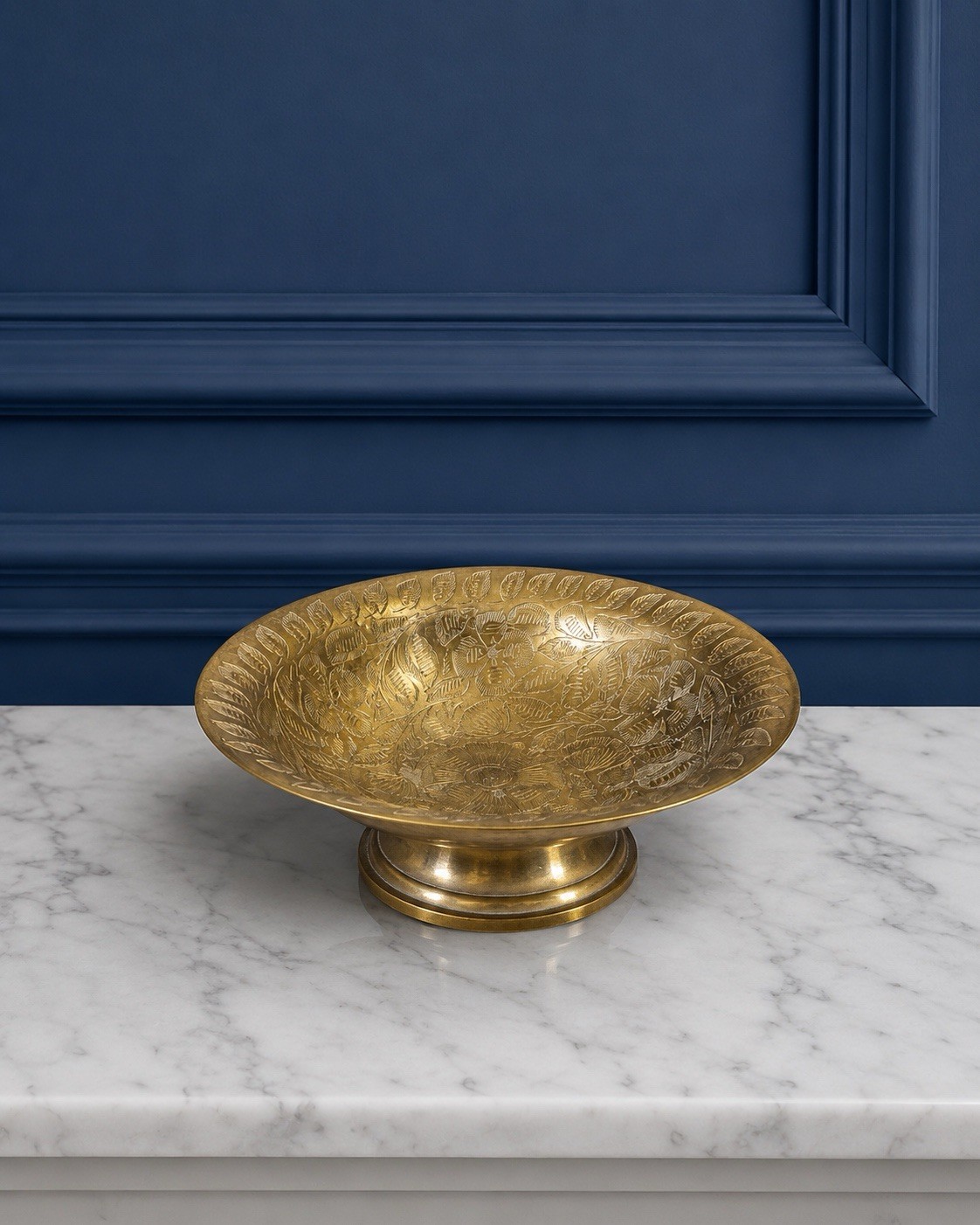 Solid Brass Bowl Engraved Pedestal Floral Compote 8 Inch Centerpiece Statement