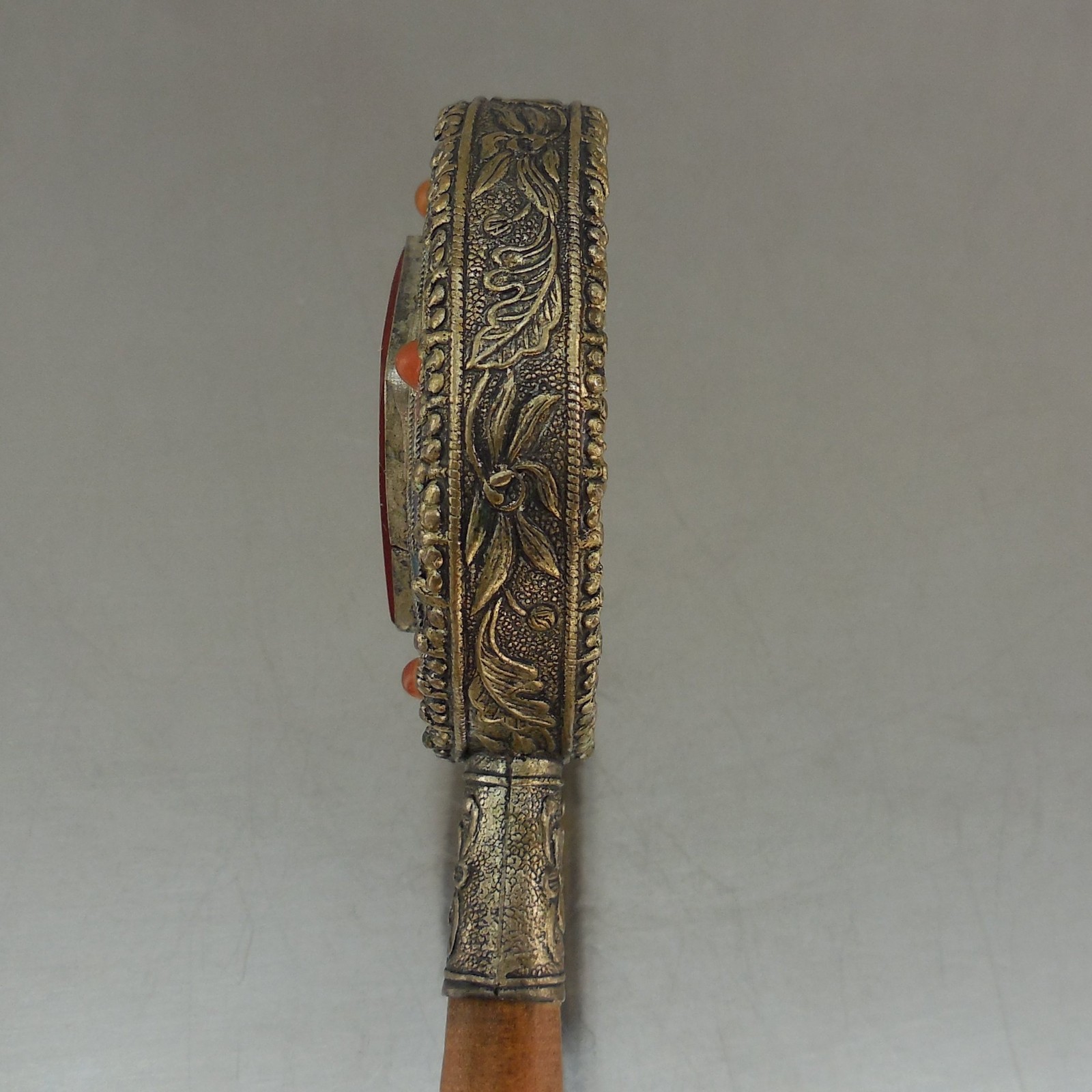 Vintage Chinese Cloisonne Hand Vanity Mirror Carnelian Cinnabar Silver Metal 6″