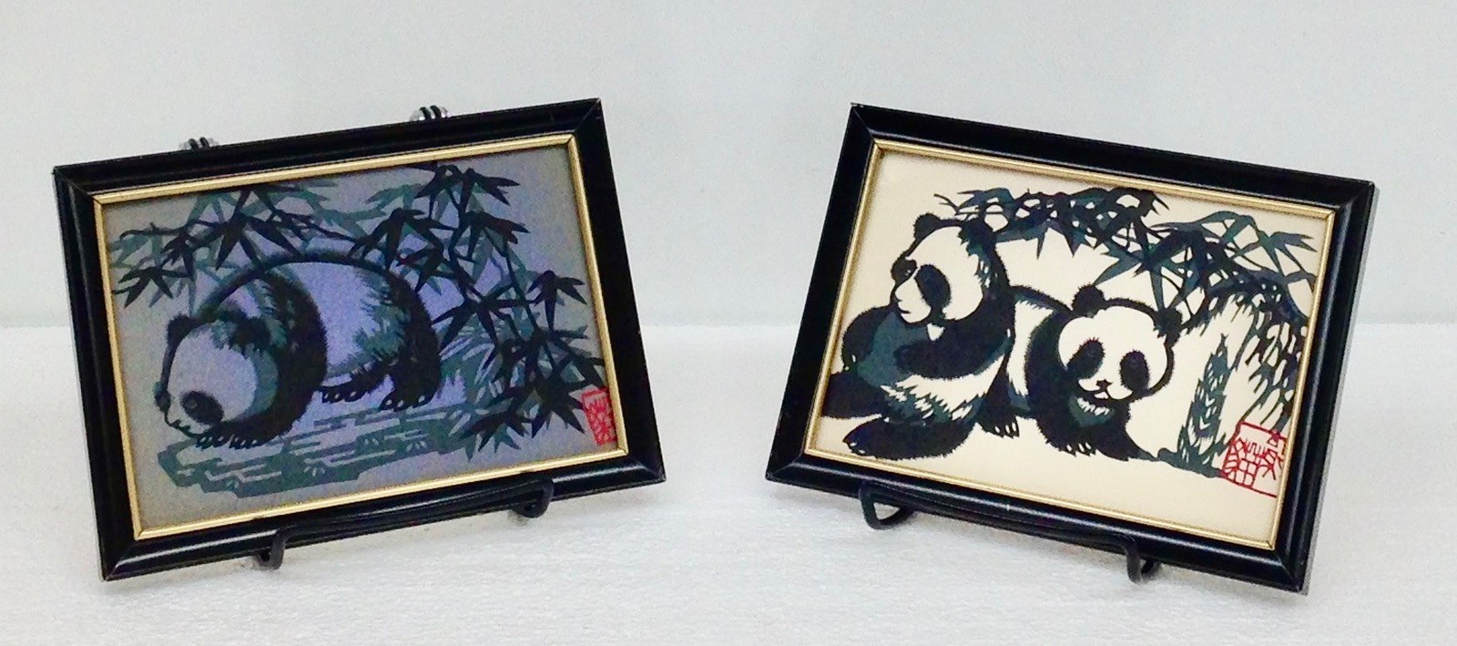 Vtg Set of TWO (2) Jianzhi Paper Cutting Art Chinese Paper Pandas – Framed 4×6″
