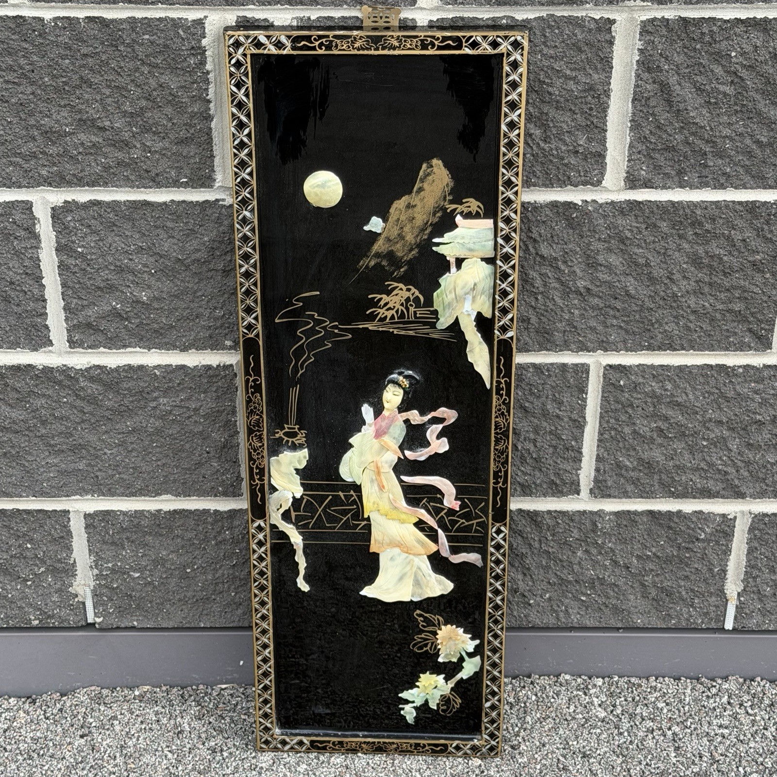Vintage Asian Black Lacquer Mother of Pearl Peacock Wall Panel Chinoiserie 36×12