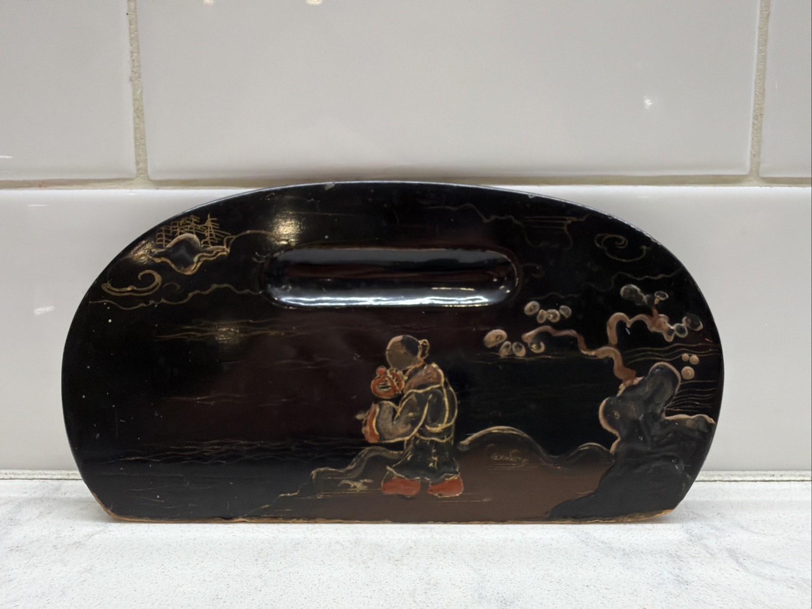 Vintage Antique Chinese Wooden Crumb Pan Tray Wood Scraper Set Black Lacquer