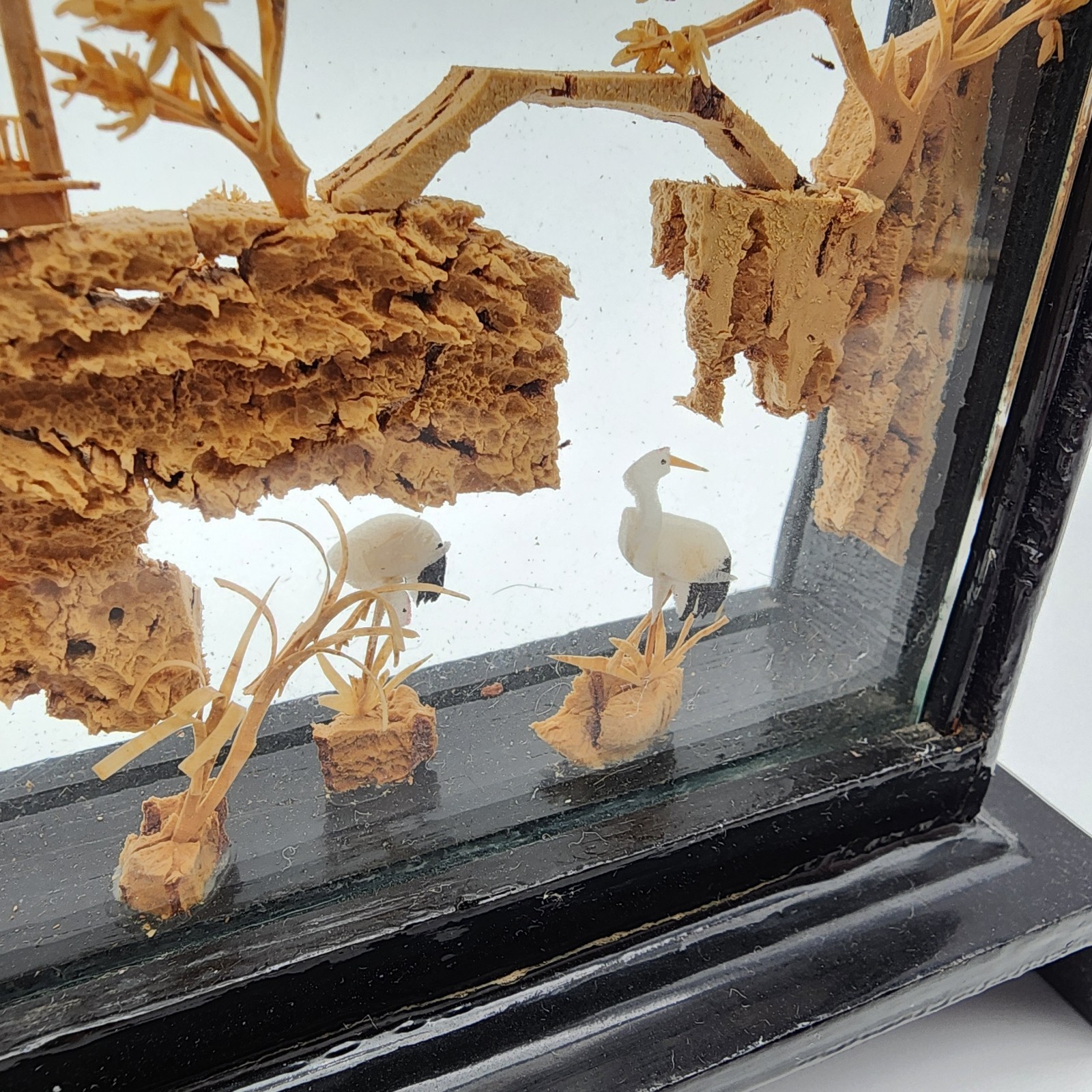 VTG San You Chinese Carved Cork Glass Black Lacquer Wood w/ Cranes Pagoda Trees