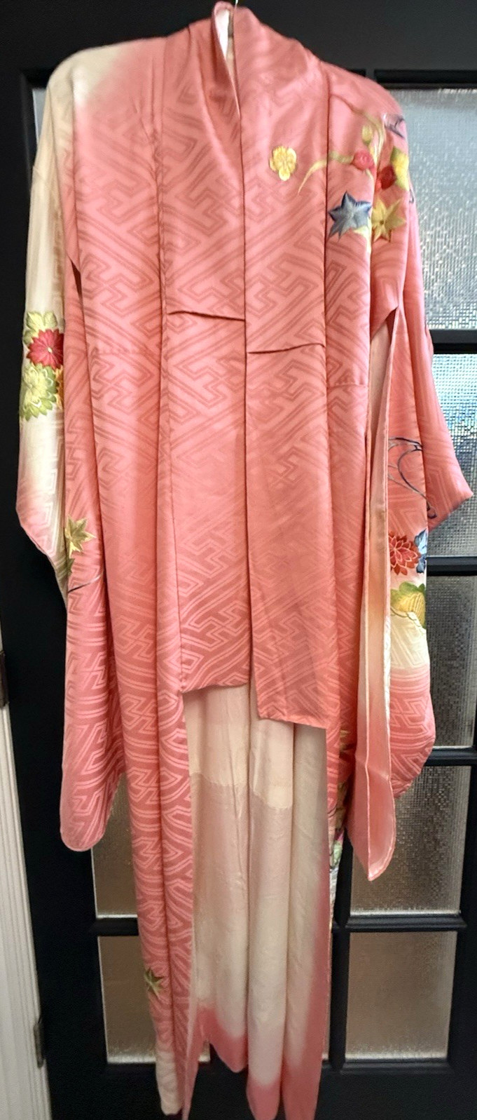 Vintage Japanese Coral Pink heavy Floral Embroidery Silk Furisode silk Lining