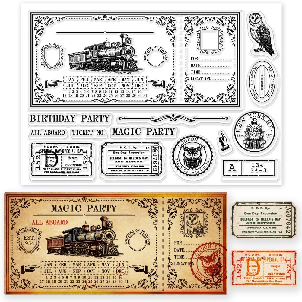 GLOBLELAND Vintage Train Ticket Clear Stamps for DIY Scrapbooking Retro Postmark