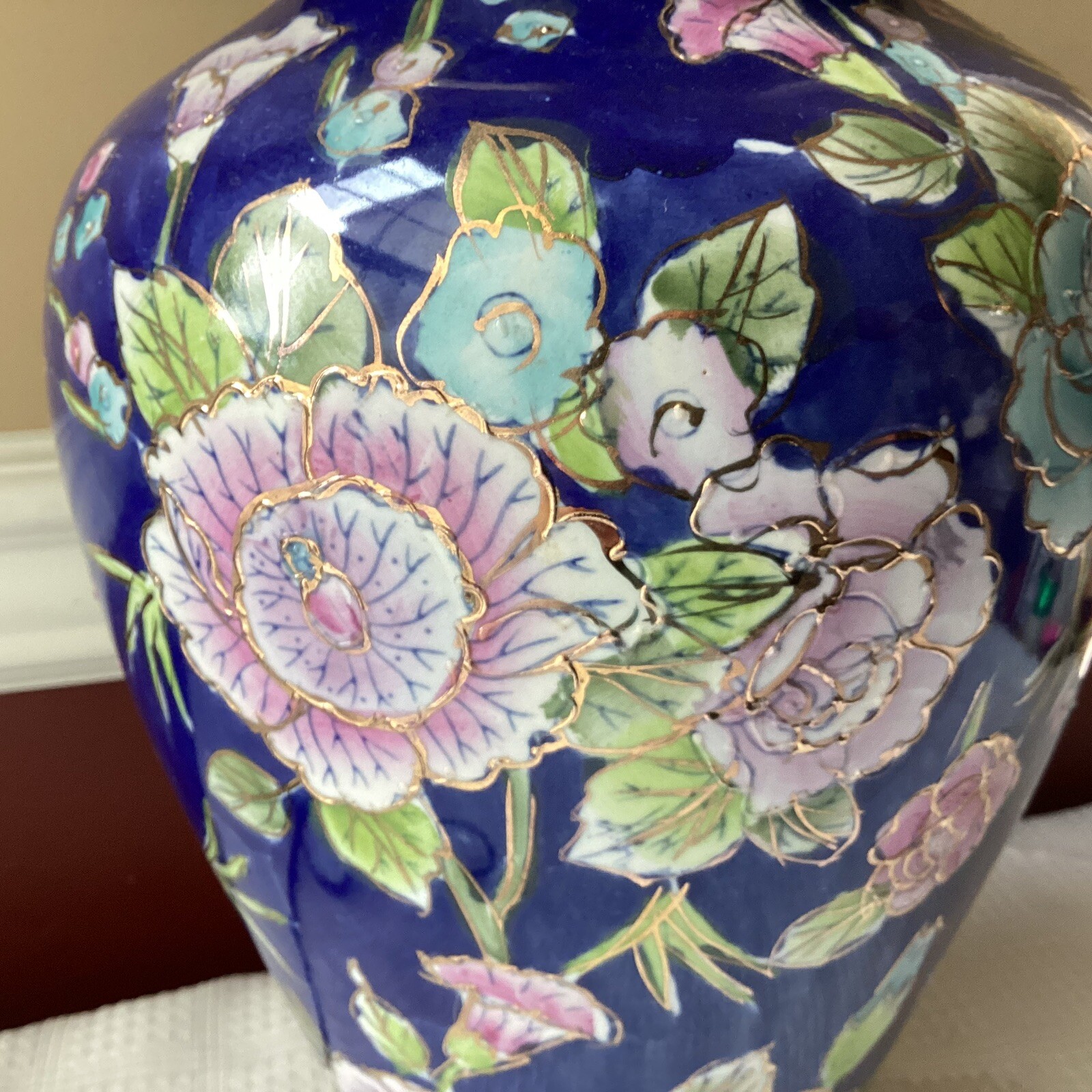 Vintage Chinese Cobalt Blue Porcelain Floral Vase Lamp Chinoiserie 16″ Working