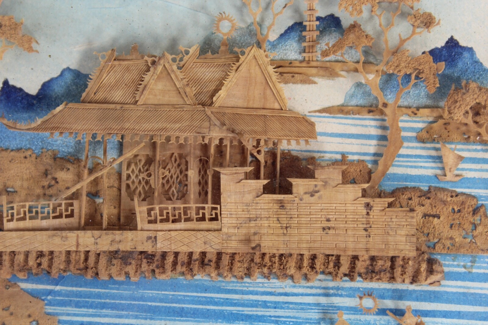 Antique Chinese Asian Miniature Wood Carving Village Scene Signed Stamp Framed