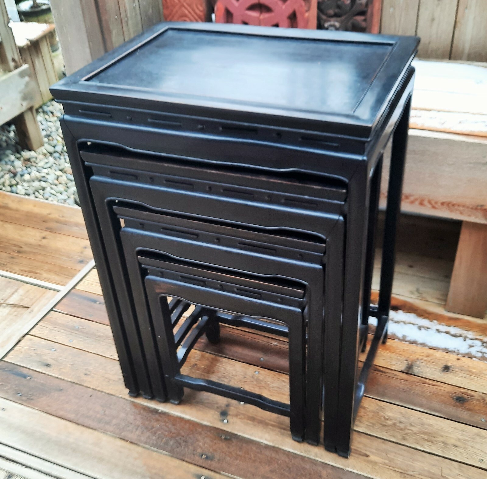 EBONIZED elegant chinese rosewood nesting tables vtg end side statue bowl stand