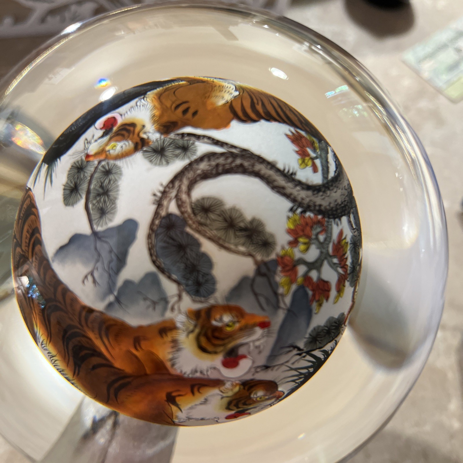 Chinese Glass Globe Five Tigers Inside Painted Reverse Art Lg 4.5in On Gold Base