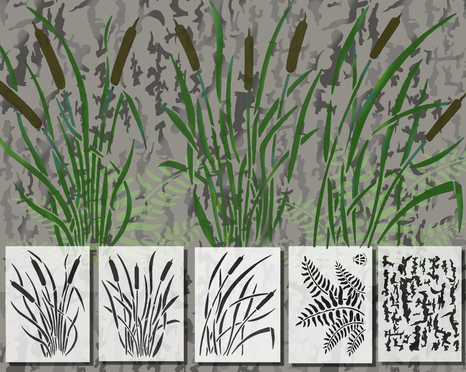 5Pack Spray Paint Camouflage Stencils Camo Jon Duck Boat CATTAIL BARK FERN