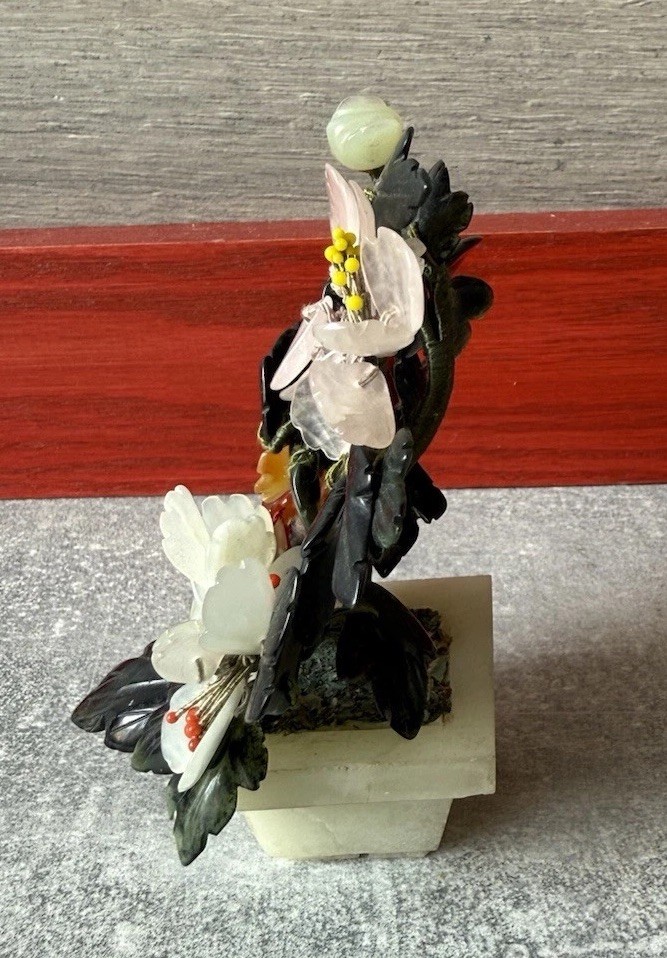 Vintage Chinese Jade Carnelian Quartz Flowers Tree Jade Pot