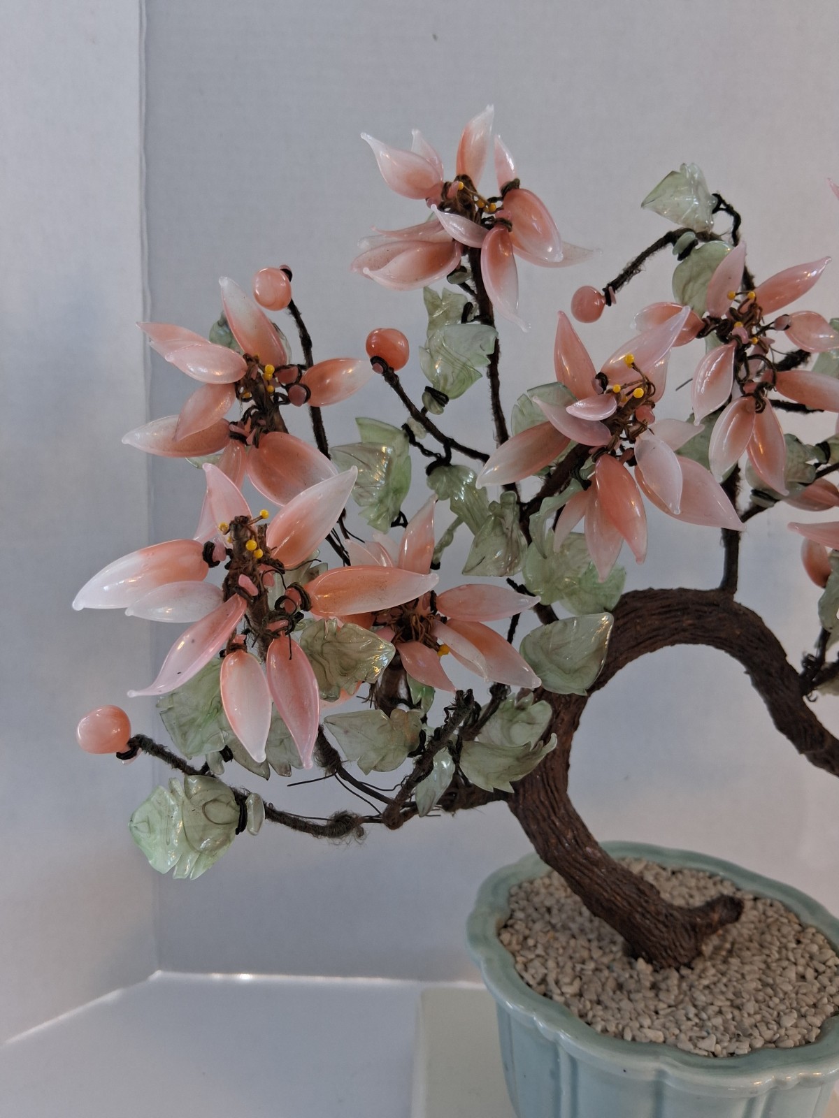 Vtg! XL Asian Bonsai Jade Glass & Coral Color Quartz Flowering Tree;14.5″x 13.0″