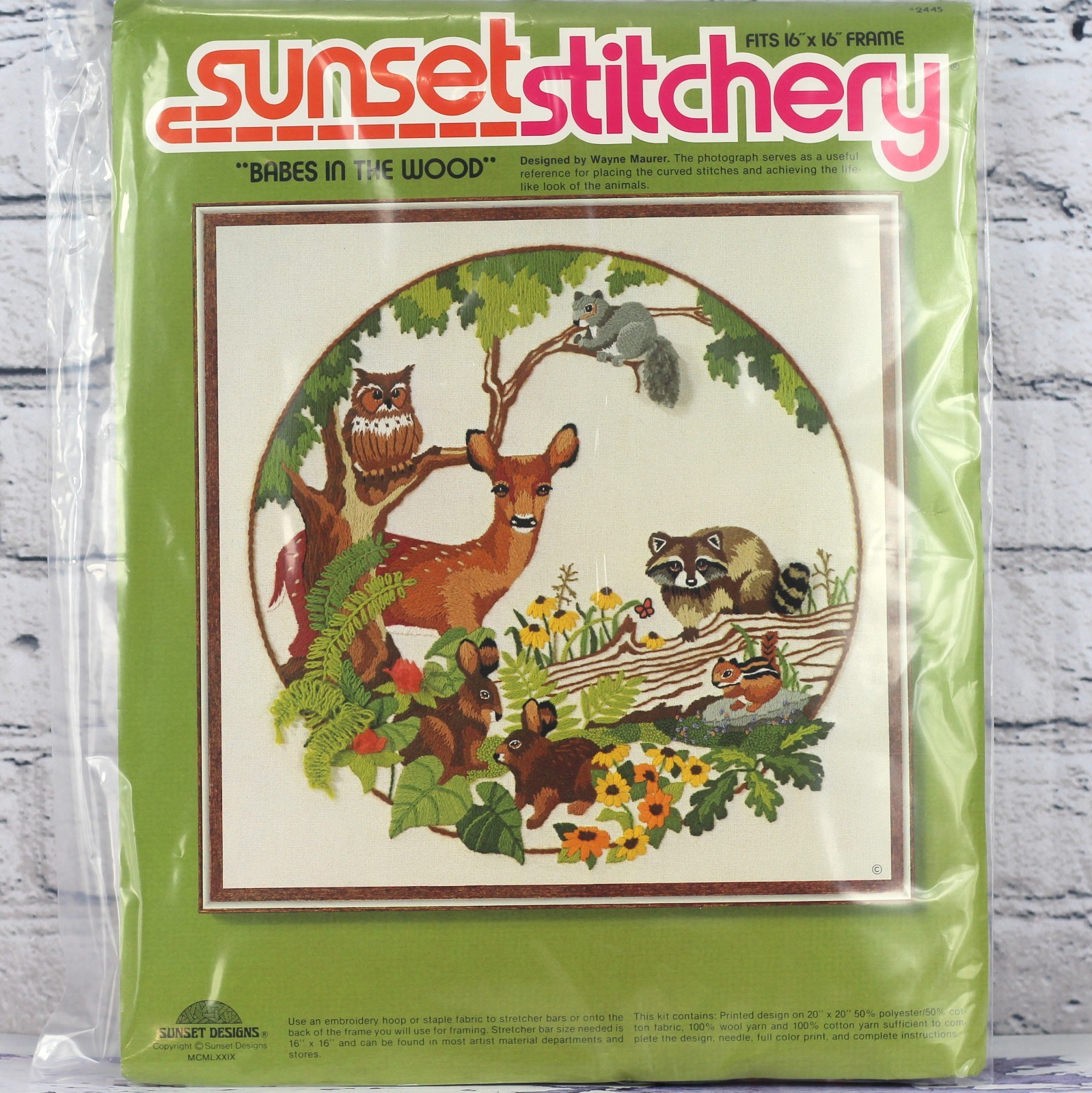 Vintage Crewel Embroidery Kit Woodland Scene Forest Animals Deer Raccoon Owl