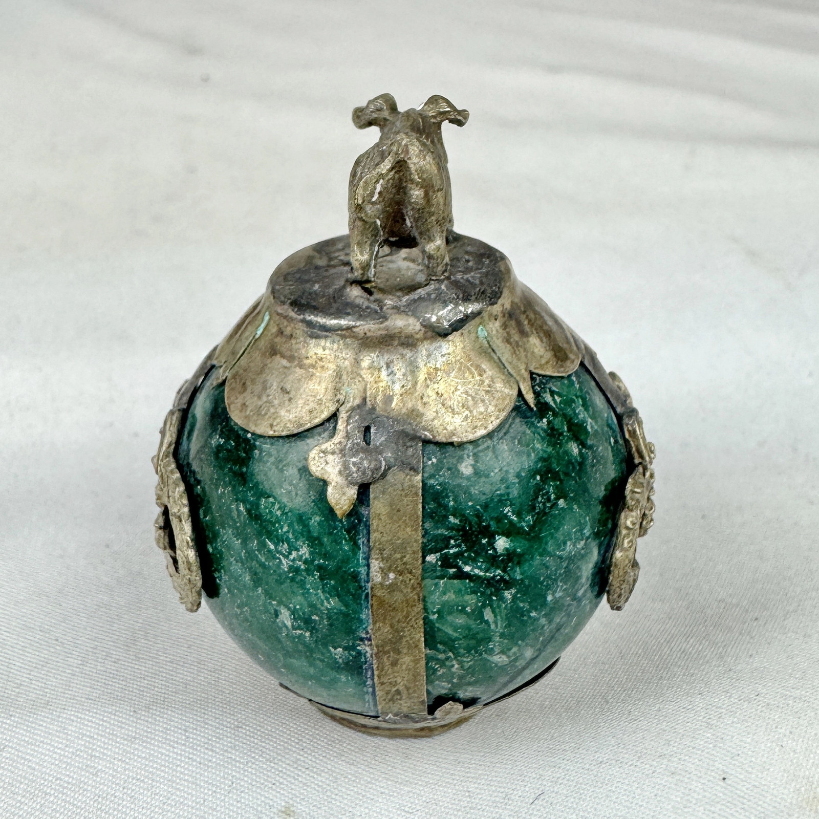 Vintage Chinese Zodiac PIG Green Marble Orb, Pewter/Tin Finial, Dragon Motif