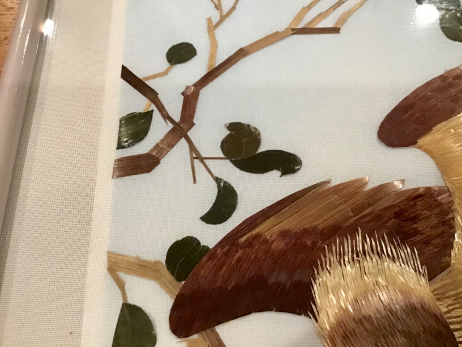 VTG ASIAN CLOTH PAINTED WOOD HAWK PICTURE WALL ART FRAMED- ONE OF TWO AVAILABLE