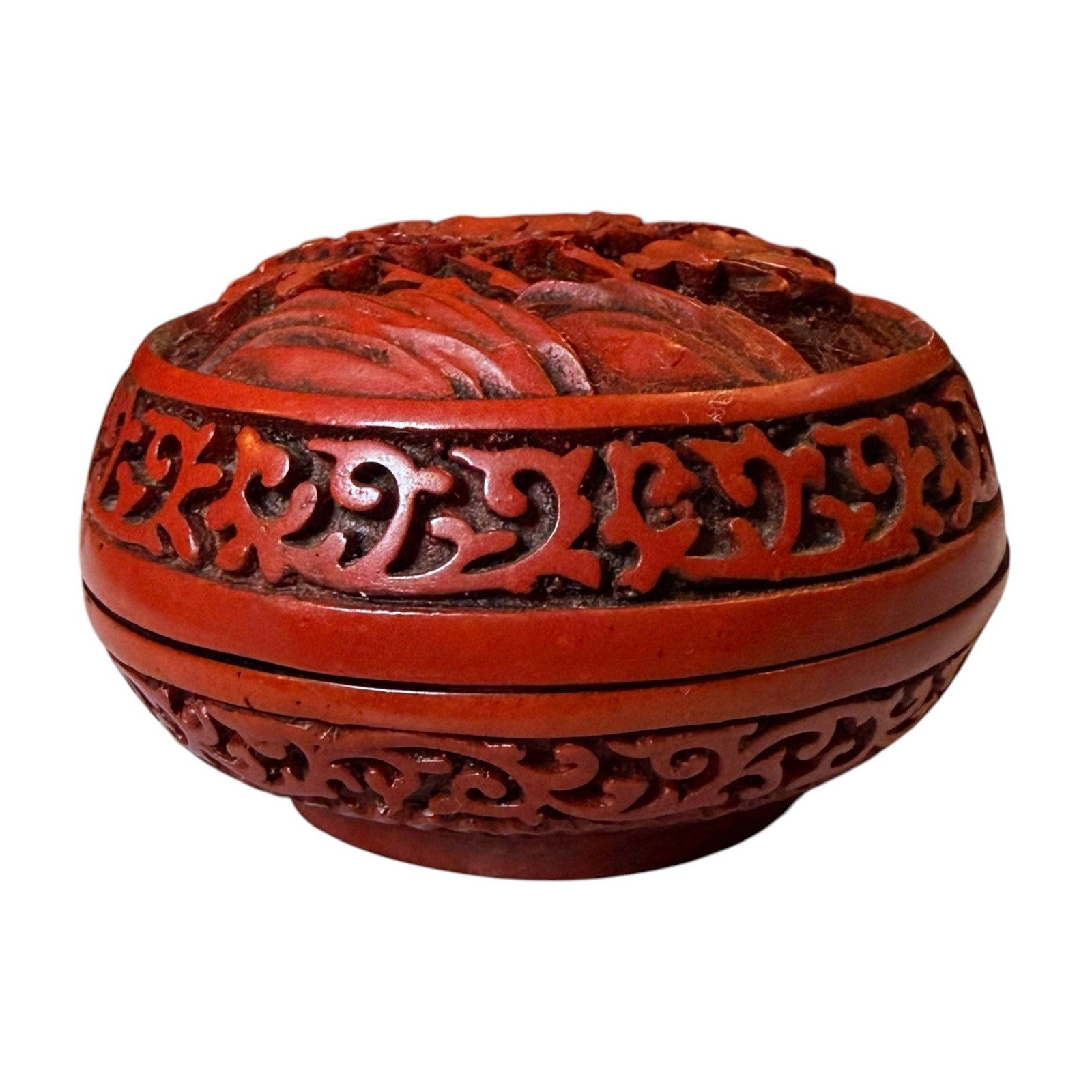 Antique Chinese Cinnabar Hand Carved Floral Peonies Ink Trinket Box 3.25” x 2”