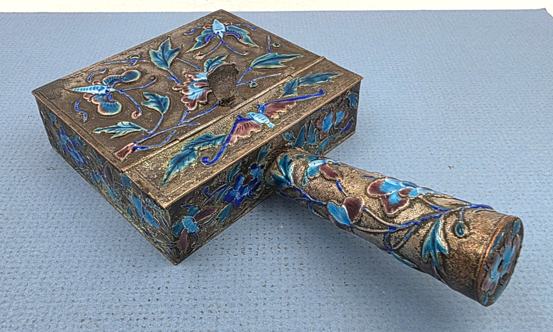 VTG Home Decor Ashtray Chinese Enamel Cloisonne Brass Butterfly Silent Butler