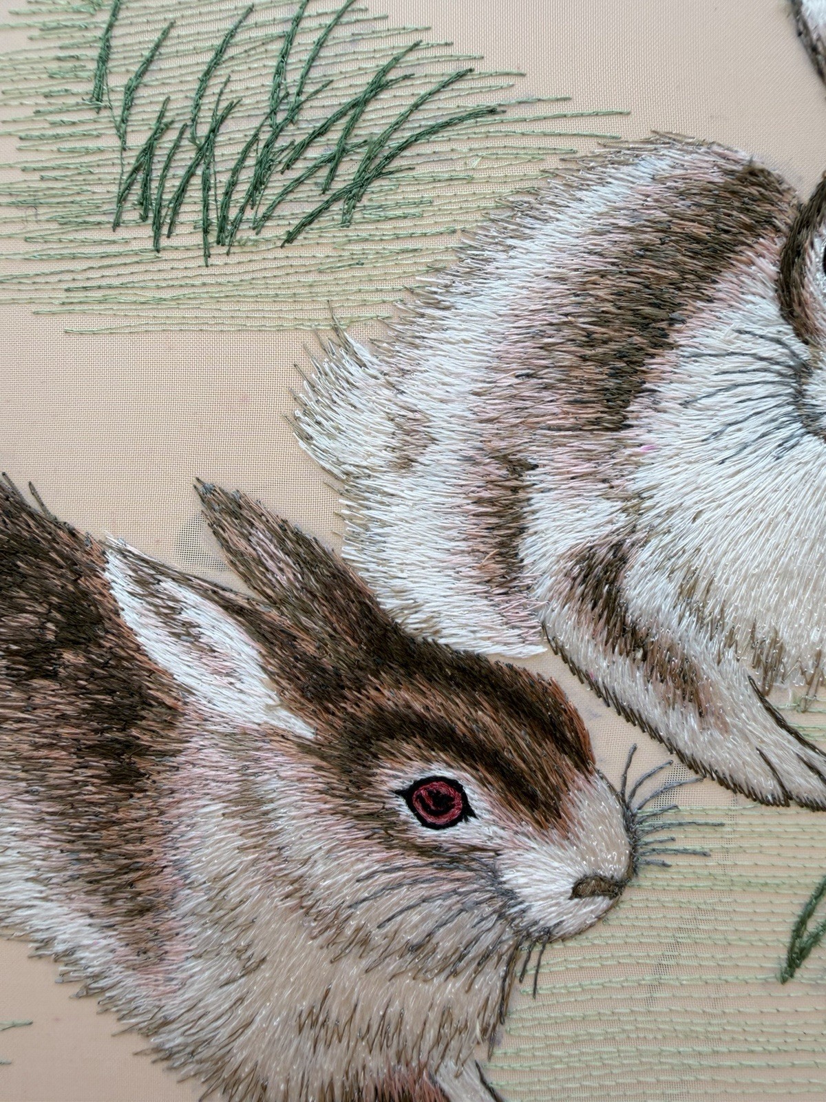 Early 1980s Chinese Double-Sided Silk Embroidery Spring Hares Framed Art