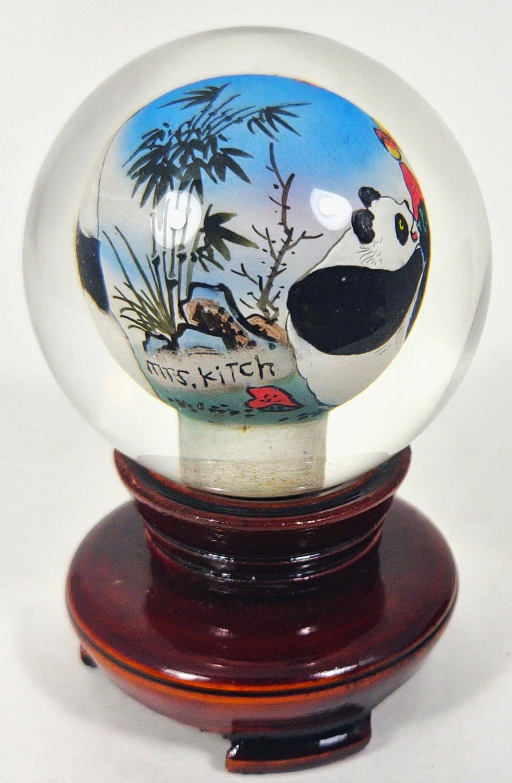 Chinese Reverse Painted Snuff Bottle Globe on Teak Pedestal Hand Painted Pandas