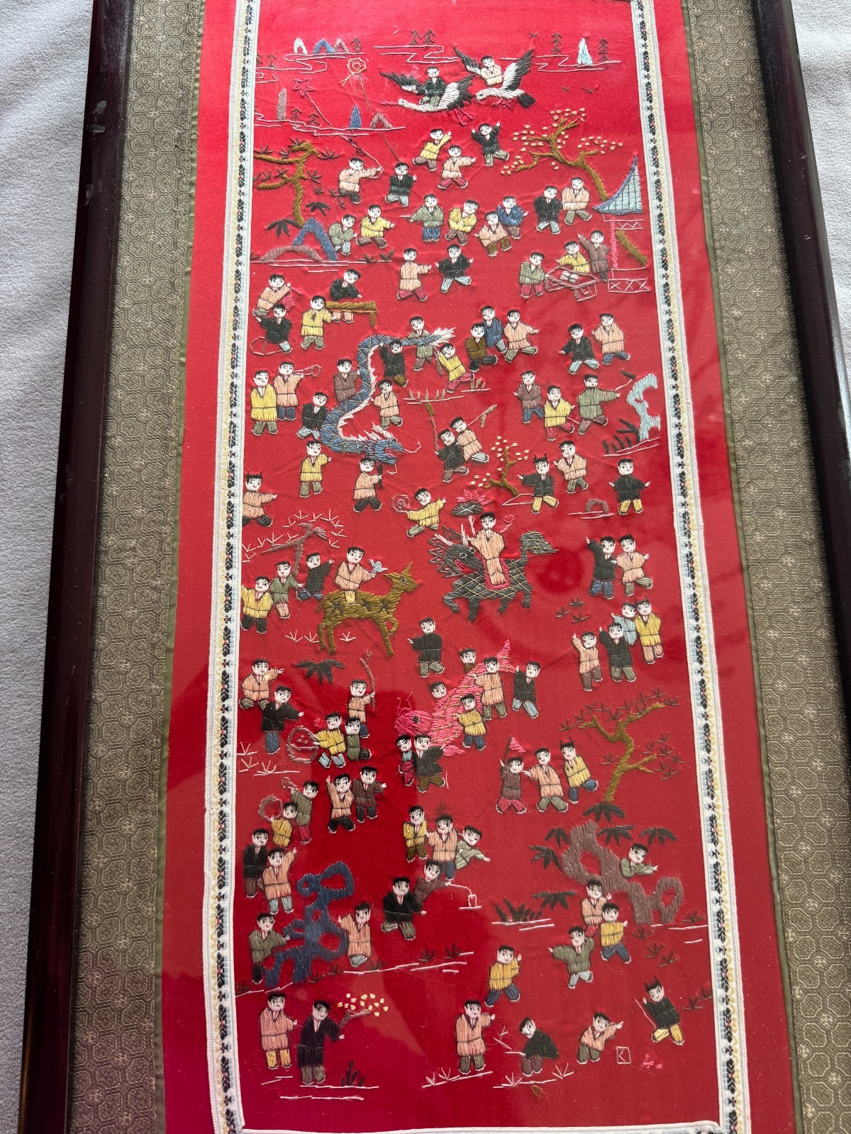 “Hundred Children Scene” Chinese Hand-Embroidered Silk Panel/Frame