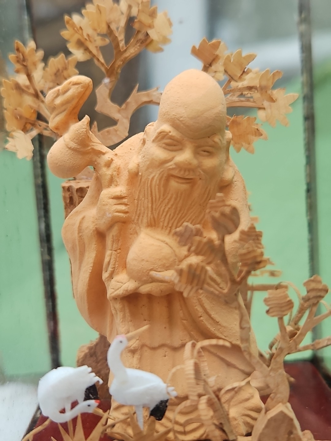 Chinese Cork Diorama Asian Crane Trees Vintage Art Carved Shou Xing Longevity 5″