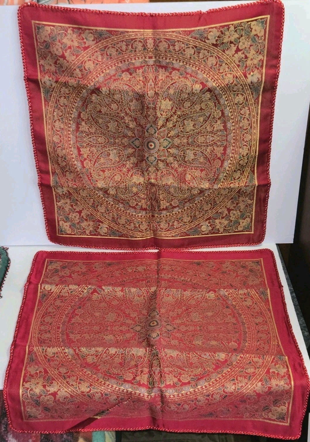 SET OF 2 Vintage Chinese Silk Brocade Pillow Covers – Red Gold Mandela – 20″