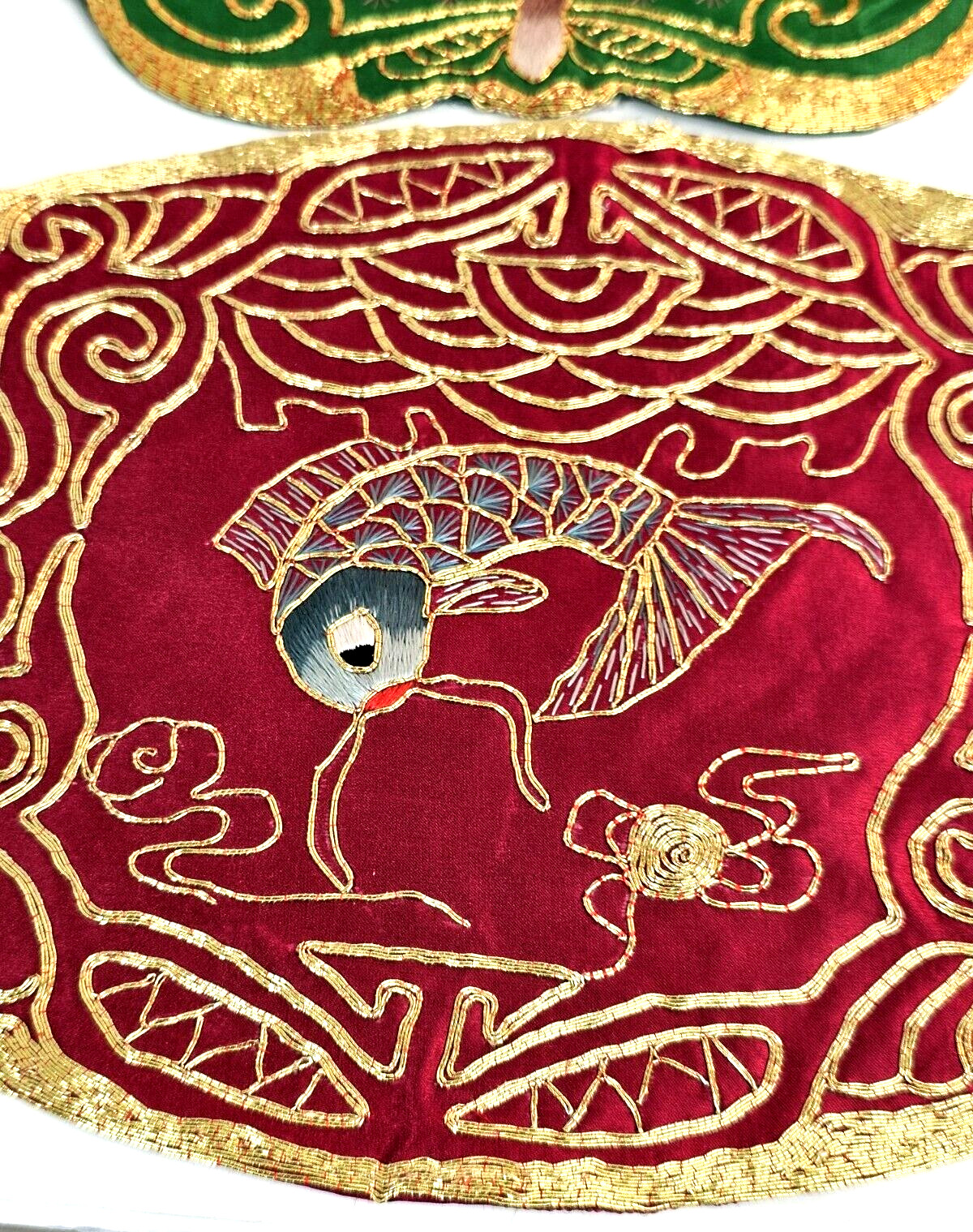 2-VTG Golden Cloud Chinese Hand Embroidered Gold Thread Silk Fish Doily Mats