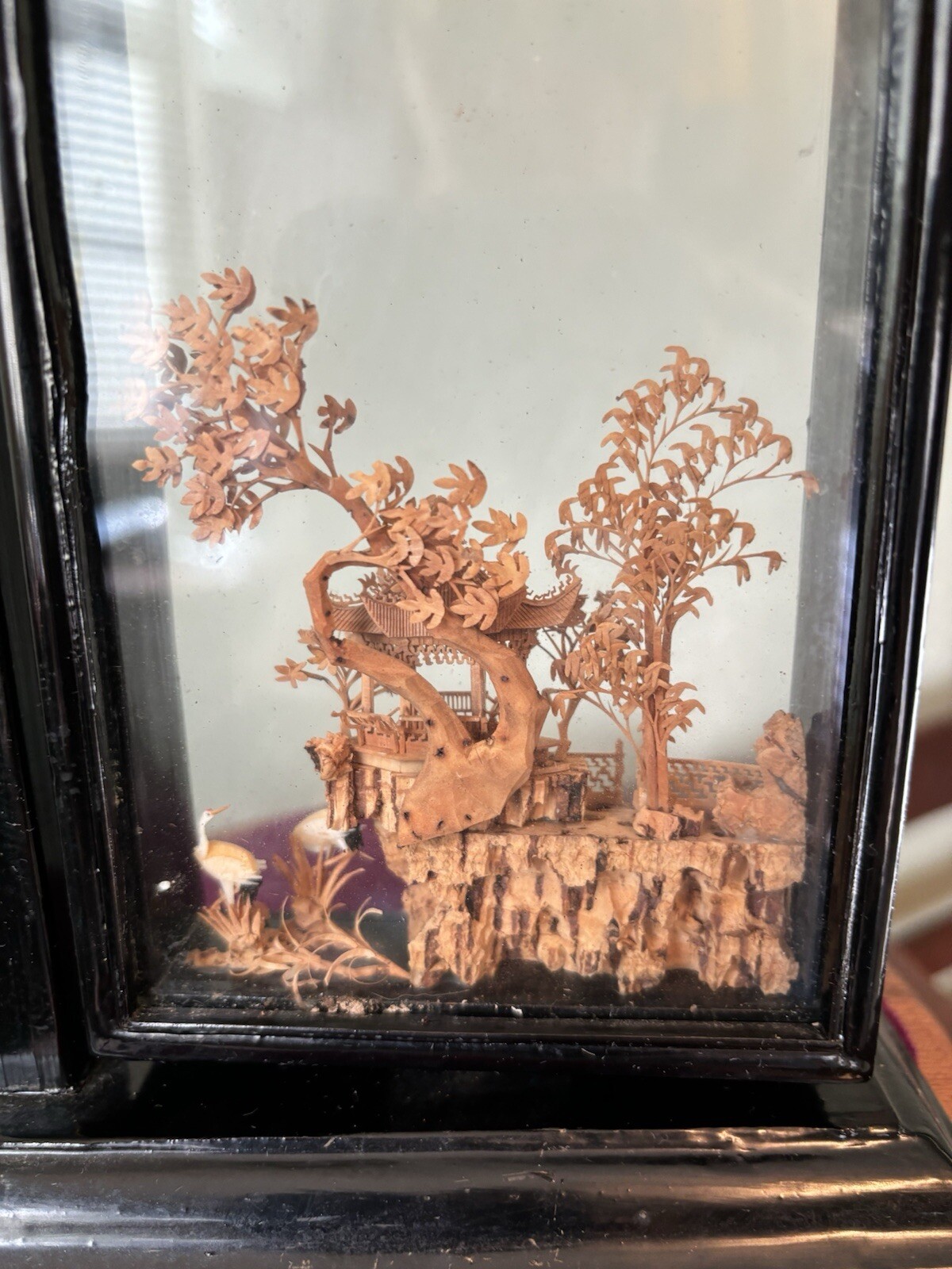 VTG Oriental Hand Carved Cork Diorama of Pagoda & Crane in Dark Wood Swing Base
