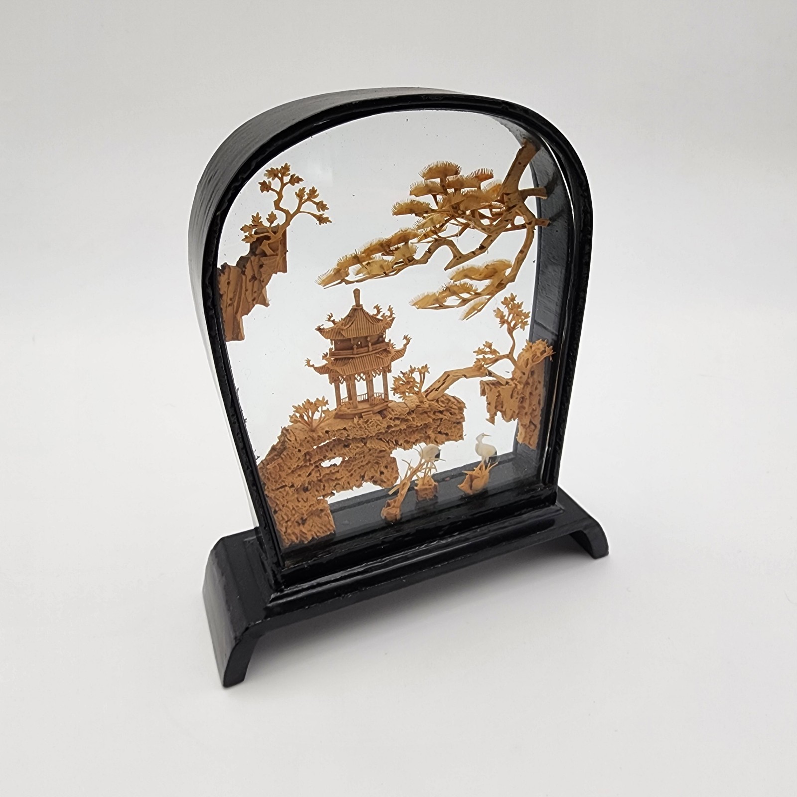 VTG San You Chinese Carved Cork Glass Black Lacquer Wood w/ Cranes Pagoda Trees