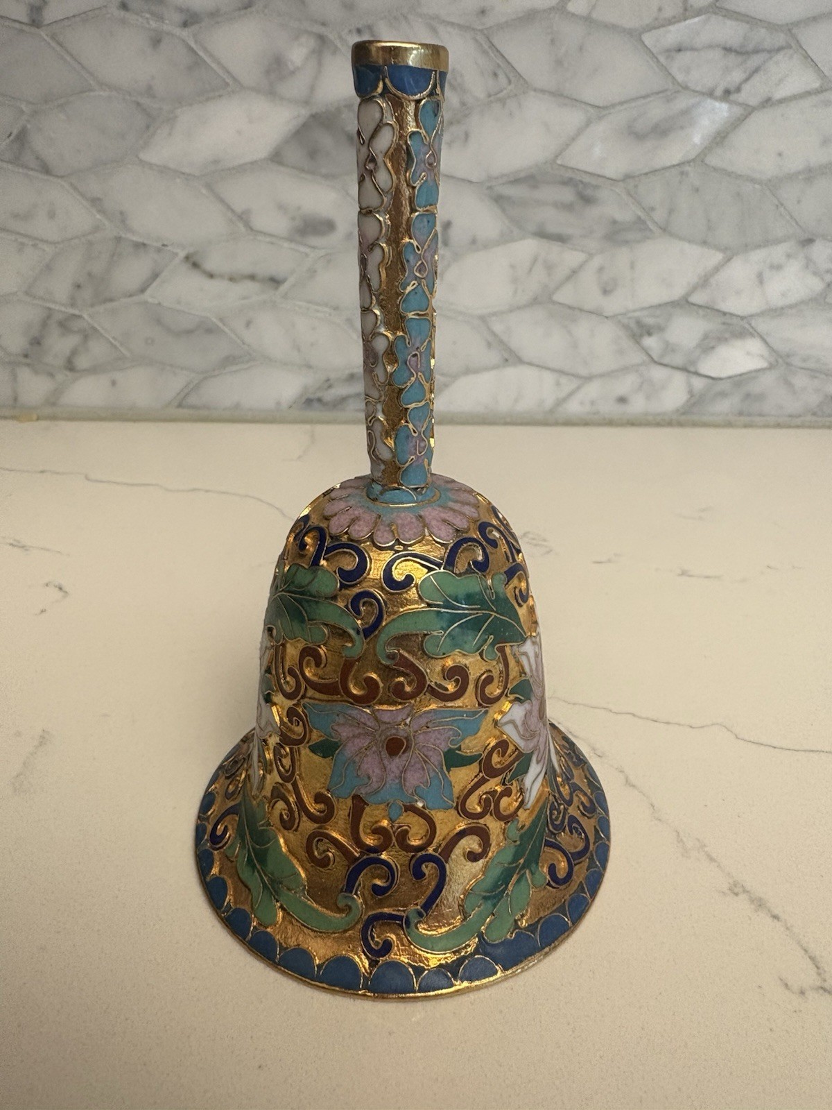 Vintage Chinese Cloisonne Enamel Floral Gold Metal Bell