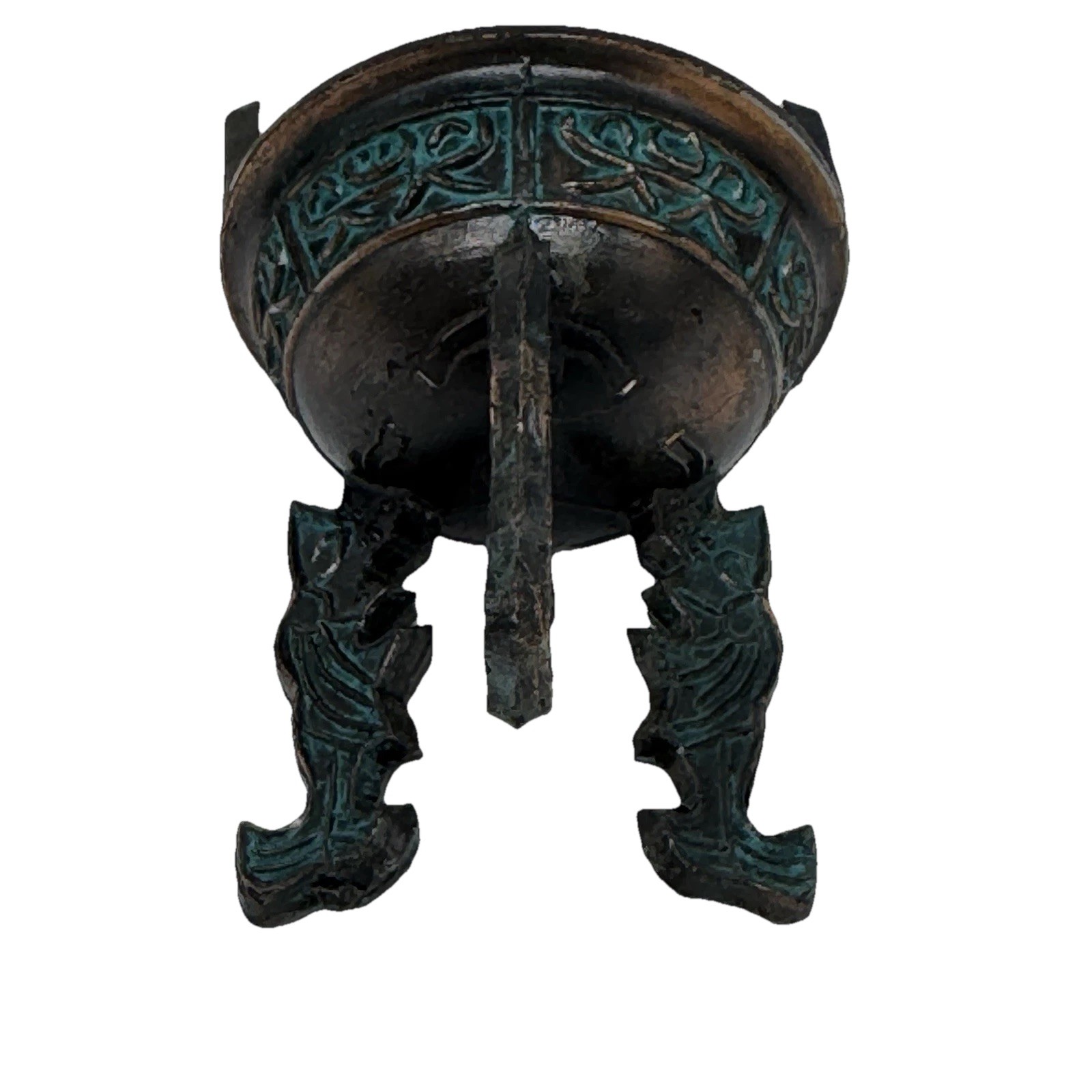 Vintage Set of 3 Chinese Bronze Small Leiwen Ding Tripods Censer Wooden Stand