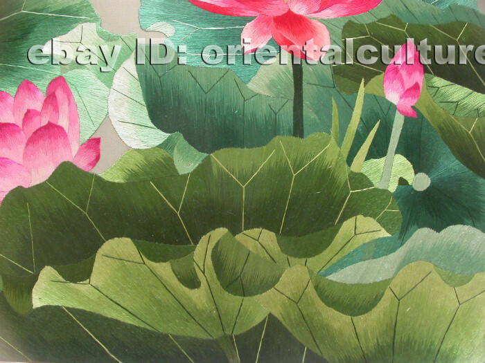 Chinese 100%hand embroidered silk brocade mounted suzhou embroidery:Lotus flower