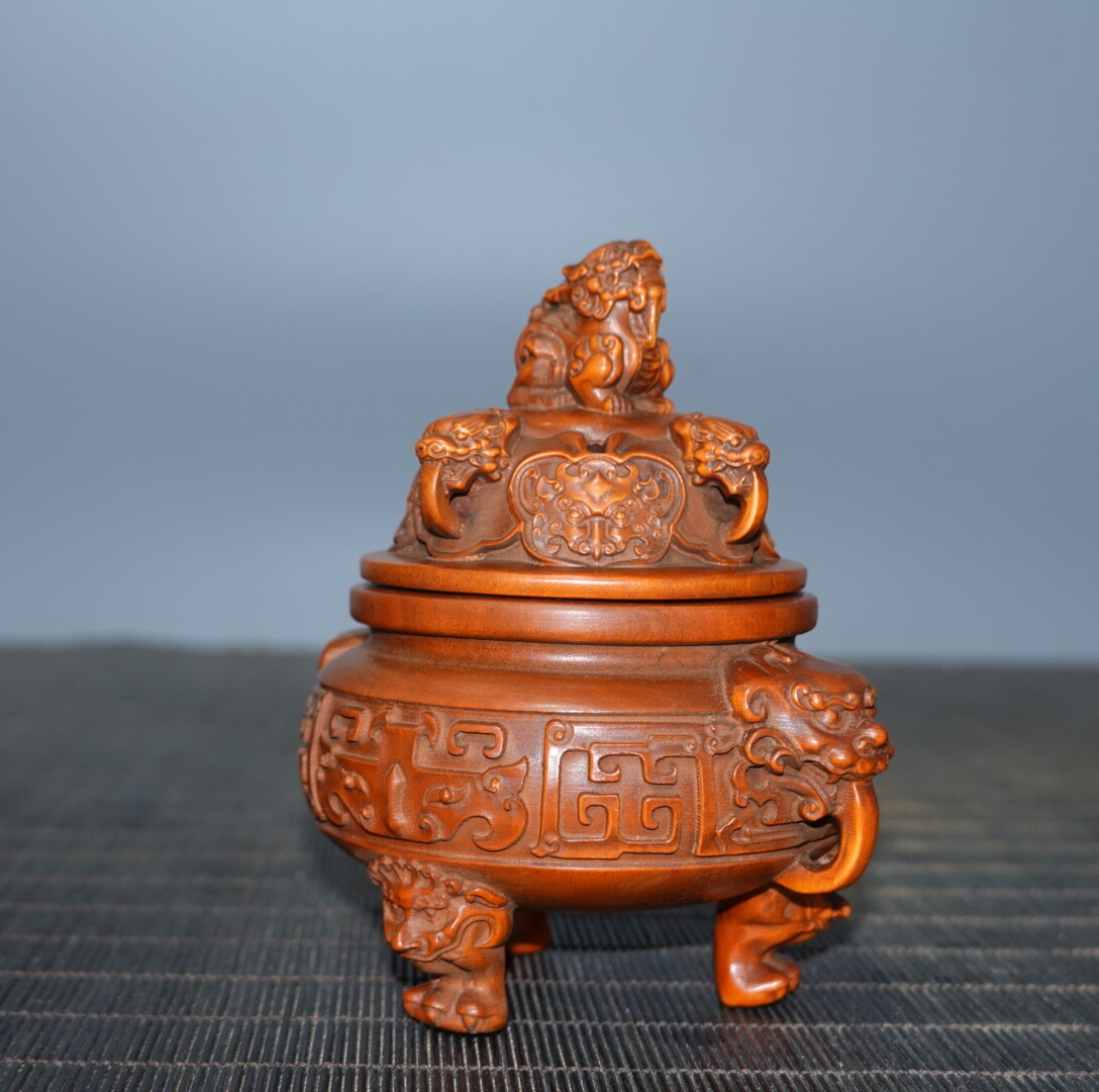4″ Collect China Box-wood Carving Animal Foo Fu Dog Guardion Lion Incense Burner