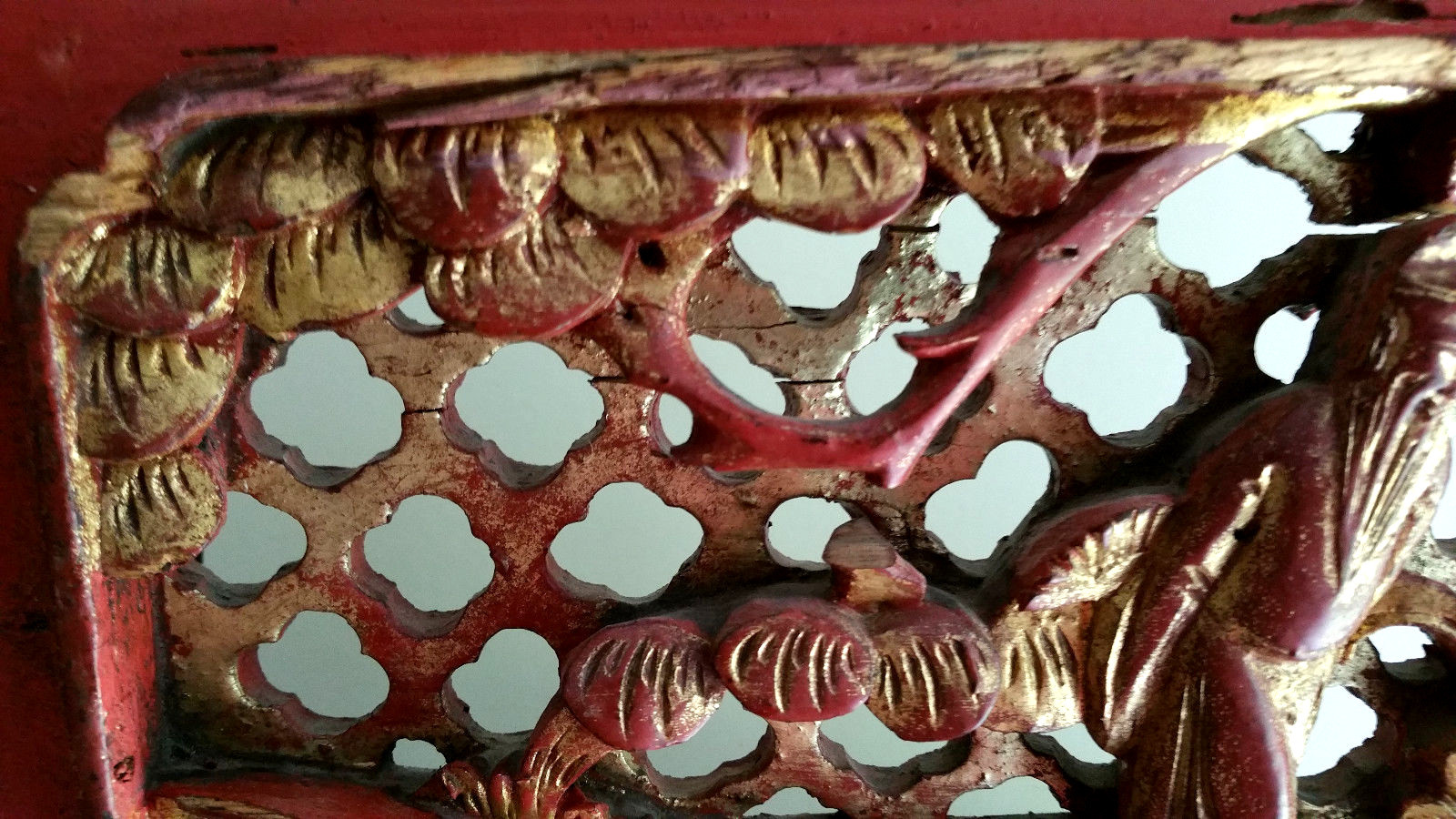 ANTIQUE CHINESE CARVED WOOD Wall Furniture PANEL Gold Red
