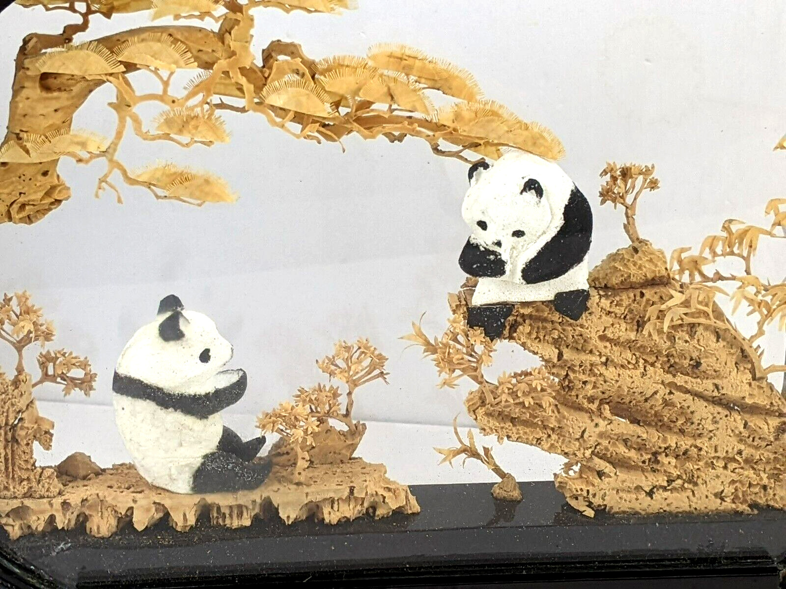 Chinese Oval Diorama Panda Bears Hand Carved Cork Trees Scene Lacquered Frame