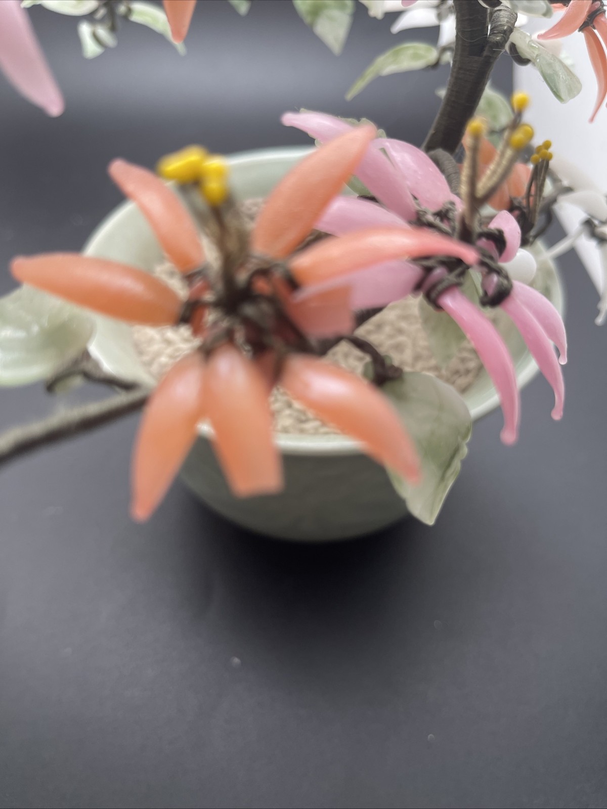 Vintage Medium Chinese Jade Quartz Stone Glass Flower Bonsai Tree Celadon As Is