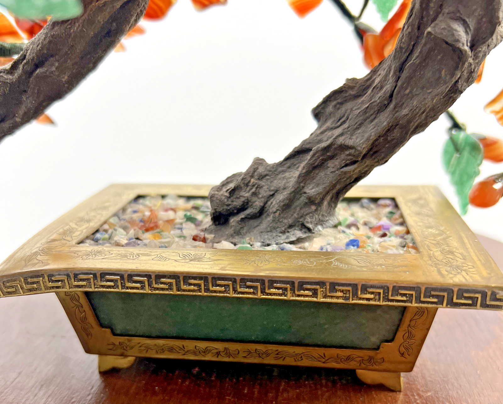 Vintage Carved Jade Tree Bonsai Flowers Brass Pot Agate Carnelian Fall Colors