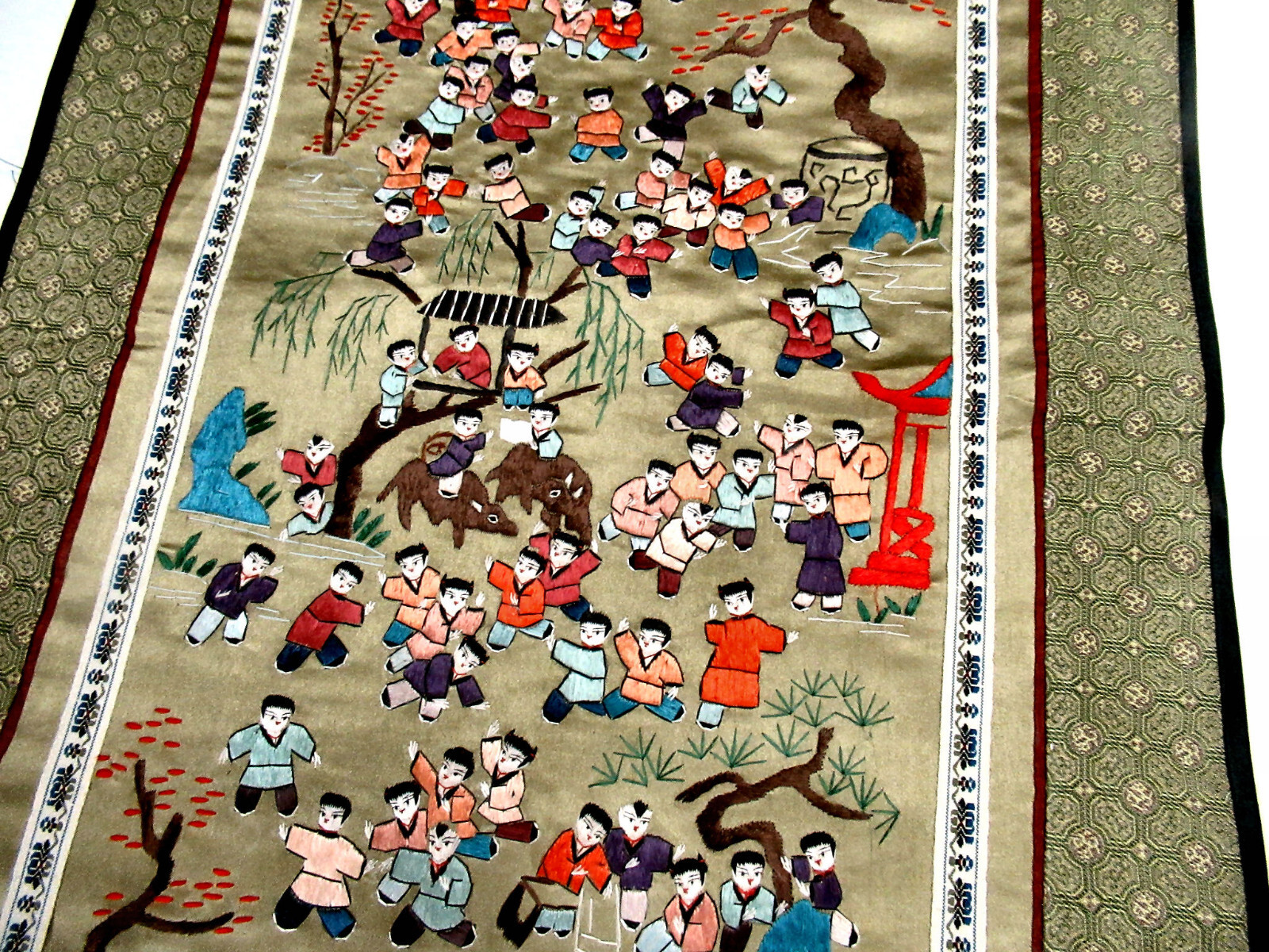 Vtg Oriental Silk Panel Hand Embroidered Scenes People Elephant, Boat, Etc.