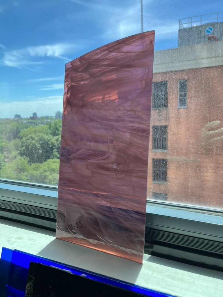 Spectrum S3492S purple, white, clear streaky stained glass – 8” x 16”