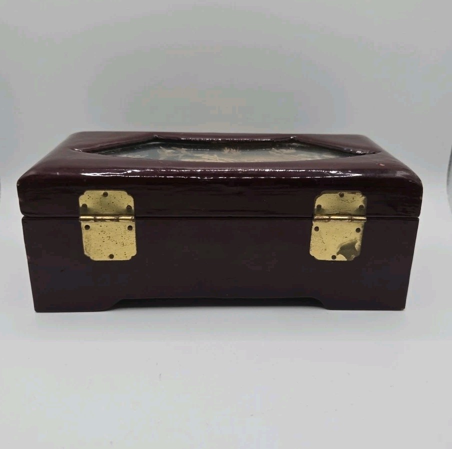 VTG San You Asian Jewelry Wood Box Diorama Cork Art Pagoda Scene Brass Lined