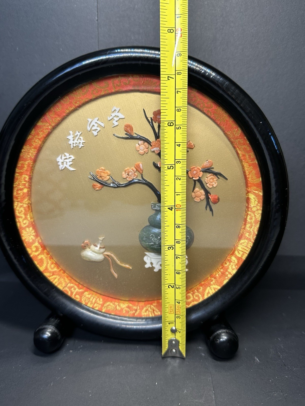 Chinese Black Lacquered Wood Frame, Carved Stone Faux Jade Coral Flowers Bonsai