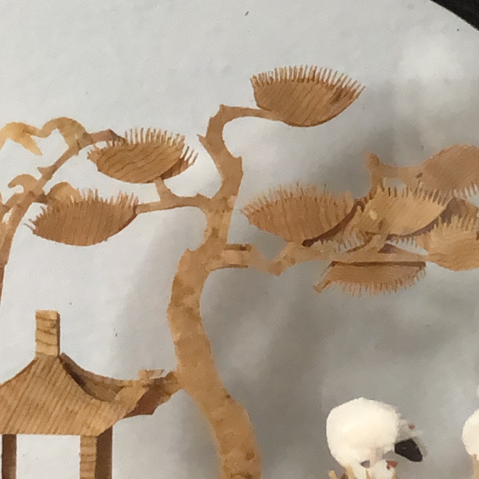 Chinese Hand Carved Cork Diorama Trees Birds House 3D Glass Dark Wood Frame Art
