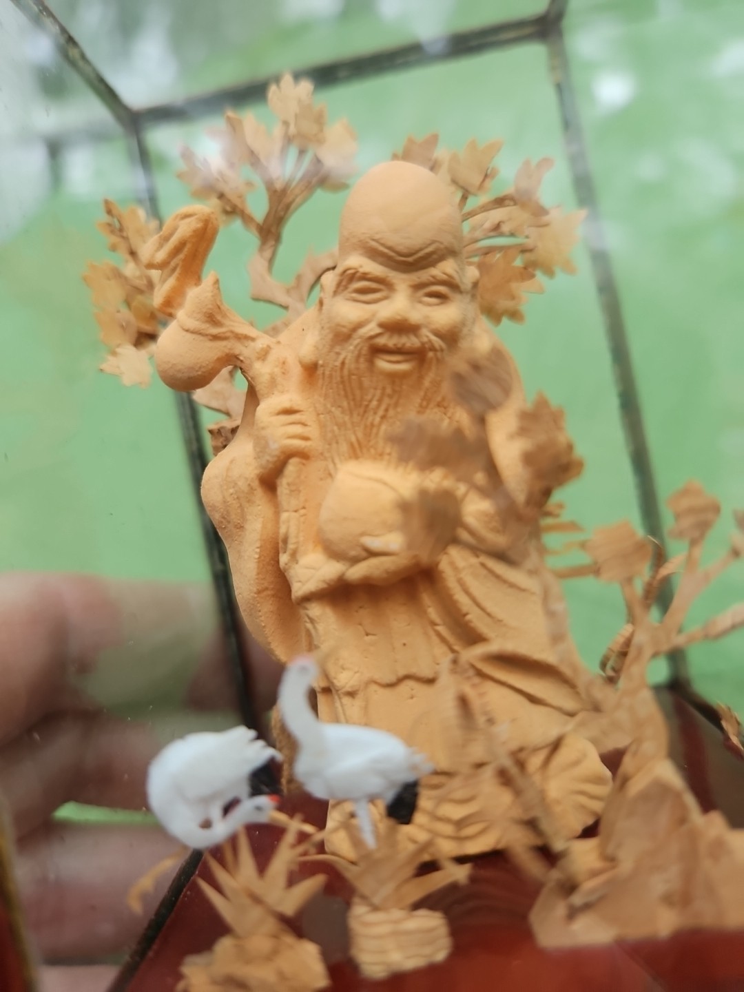 Chinese Cork Diorama Asian Crane Trees Vintage Art Carved Shou Xing Longevity 5″